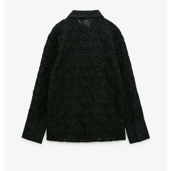 Zara Women’s Black Floral Embroidered Long Sleeve Button Up Lightweight Shirt S - Picture 7 of 11